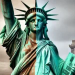 Qual o material da Estátua da Liberdade e por que ela está sempre verde A Estátua da Liberdade em duas fases_ metade da imagem mostra sua cor original em cobre avermelhado e a outra metade mostra sua tonalidade verde atual