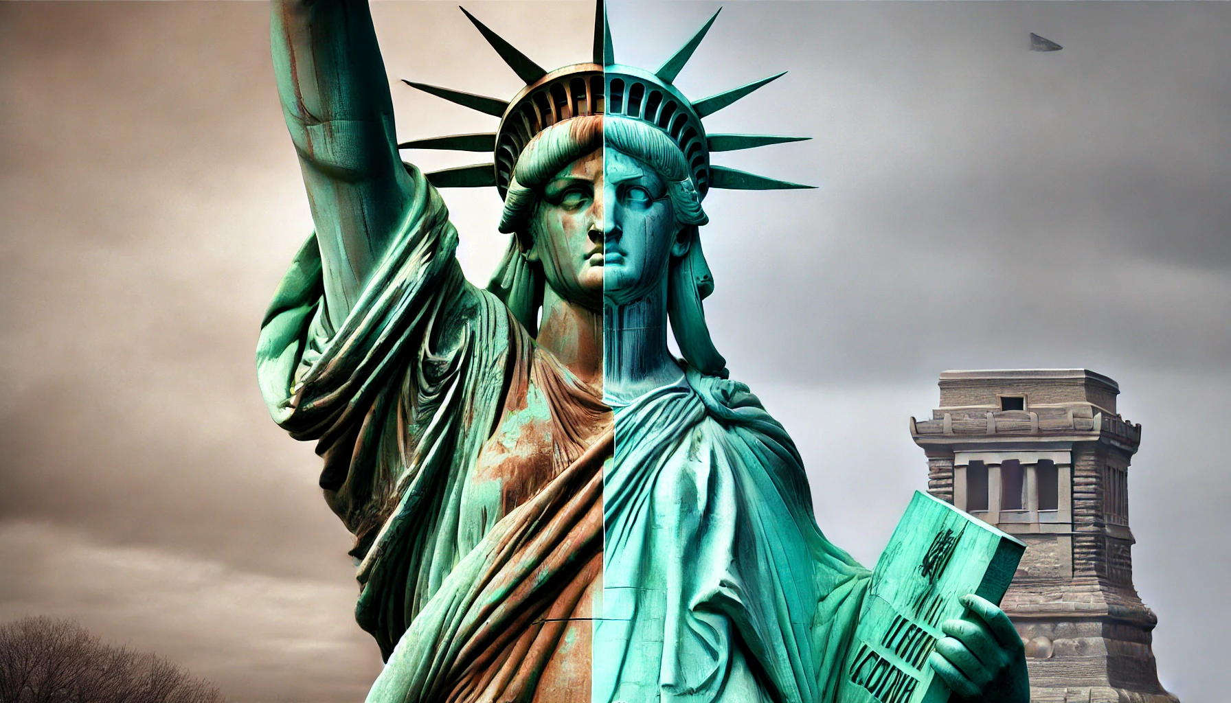 A Estátua da Liberdade em duas fases_ metade da imagem mostra sua cor original em cobre avermelhado e a outra metade mostra sua tonalidade verde atual