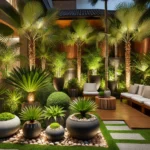 Como usar a palmeira-de-jardim no paisagismo do seu jardim Paisagismo de jardim utilizando palmeira-de-jardim, com vasos decorativos e iluminação indireta