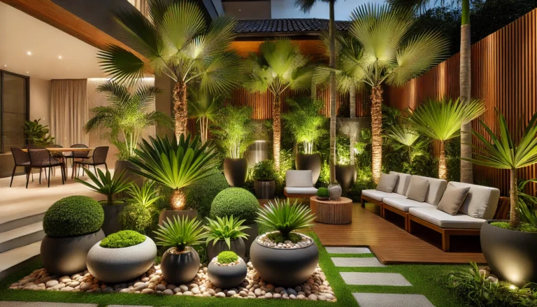 Paisagismo de jardim utilizando palmeira-de-jardim, com vasos decorativos e iluminação indireta