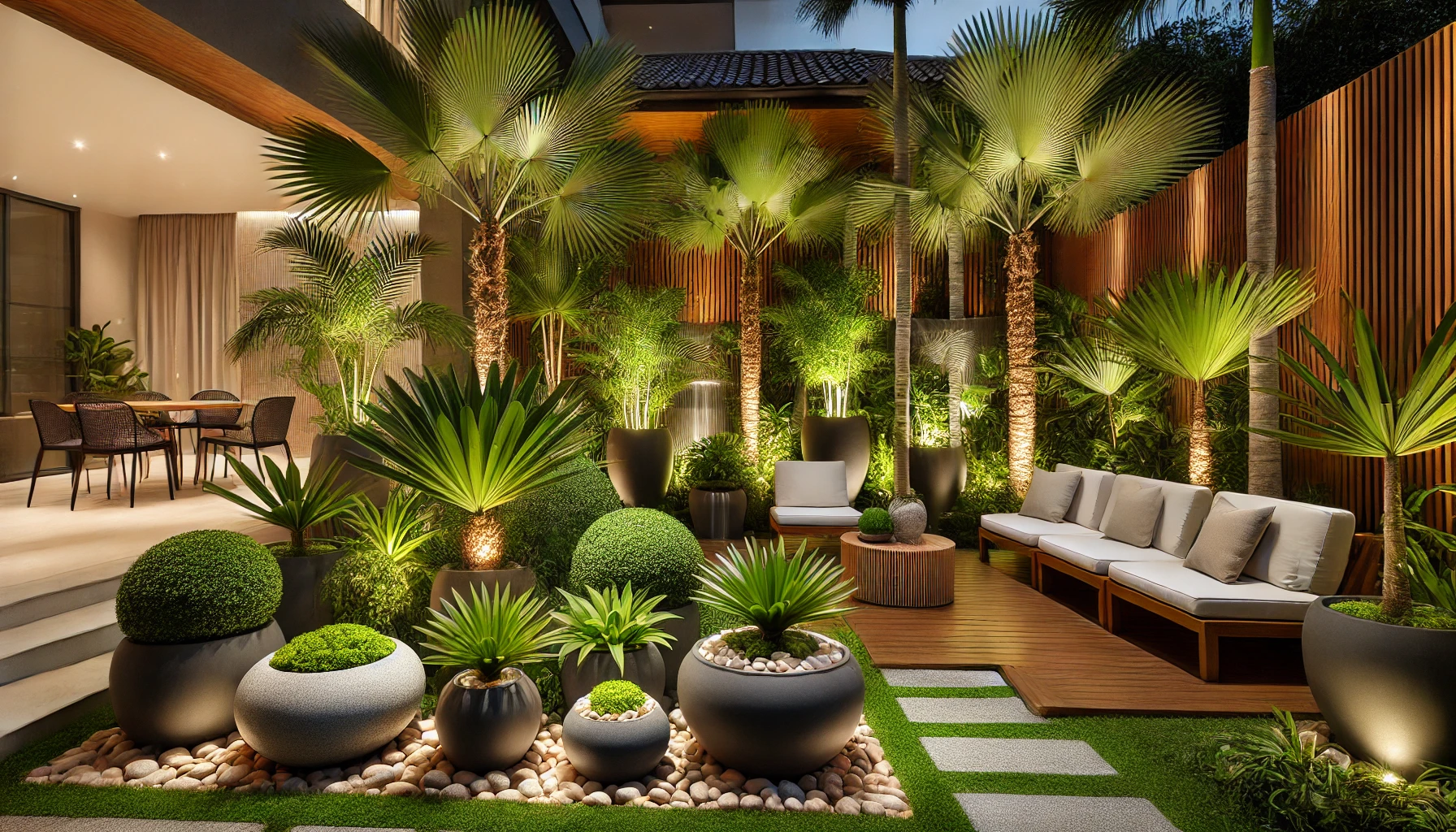 Paisagismo de jardim utilizando palmeira-de-jardim, com vasos decorativos e iluminação indireta