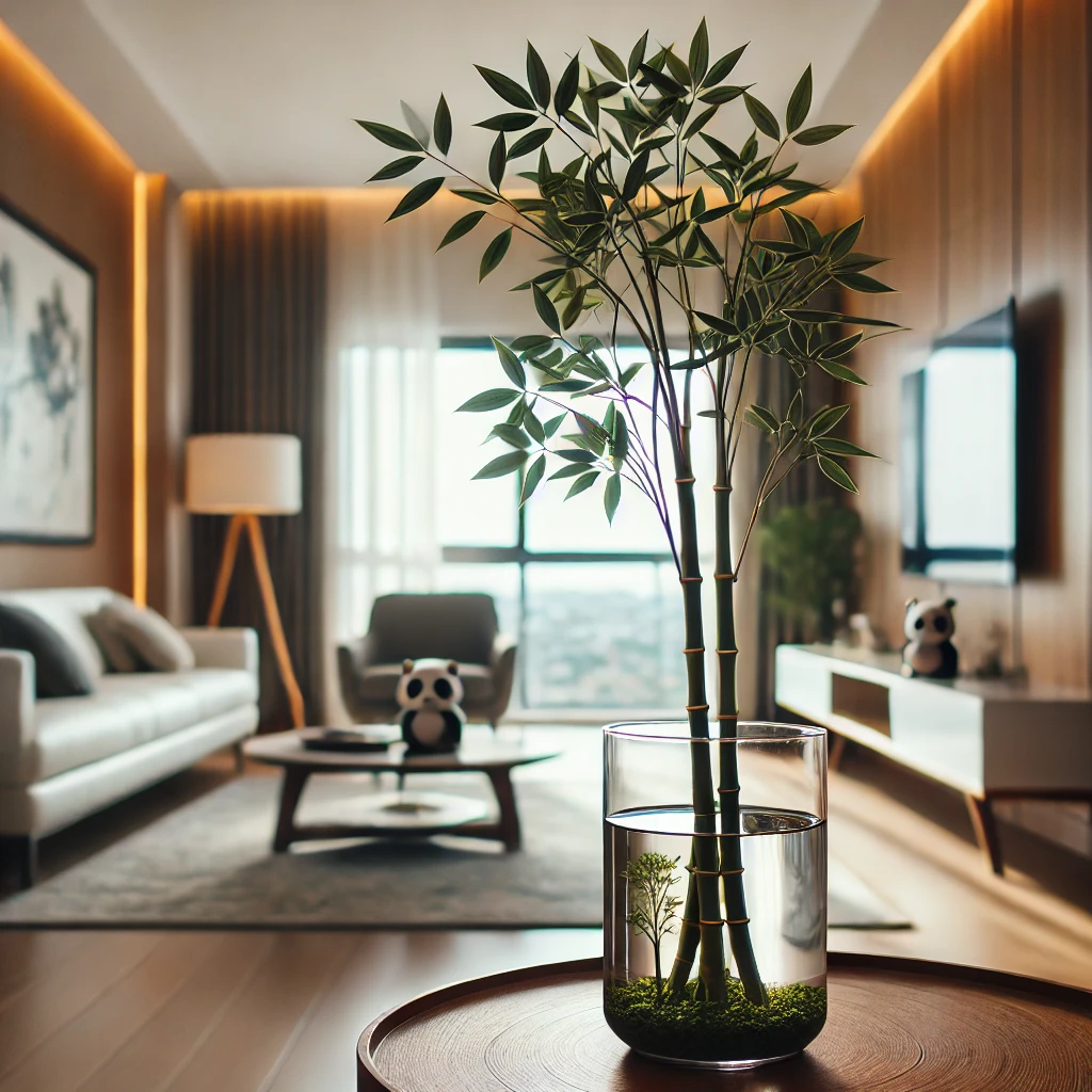 Um Bambu da Sorte em um vaso de vidro com água, posicionado em uma sala de estar moderna e bem iluminada, com fundo desfocado aconchegante