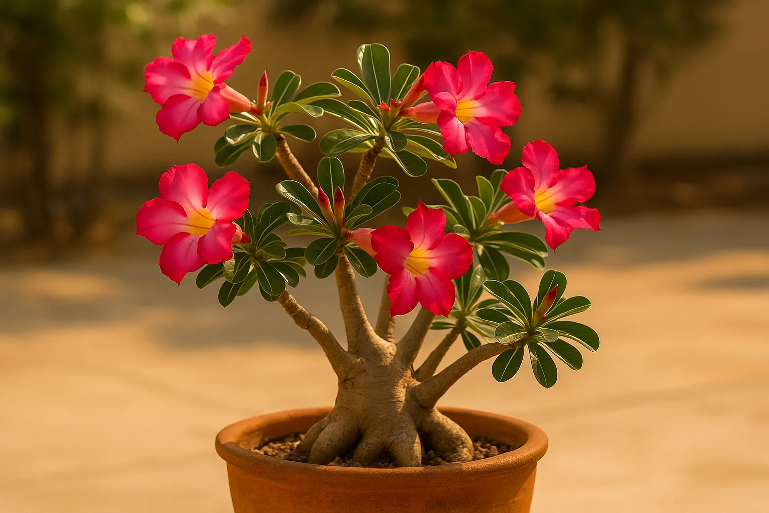 8 dicas para rosa-do-deserto com flores vibrantes, ela sobrevive bem ao sol forte