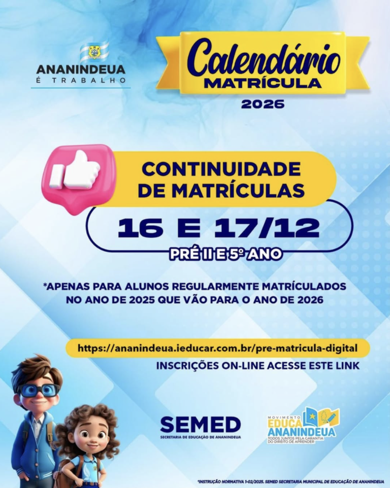 Matrículas 2026 em Ananindeua: continuidade para alunos da rede municipal ocorre nos dias 16 e 17 de dezembro