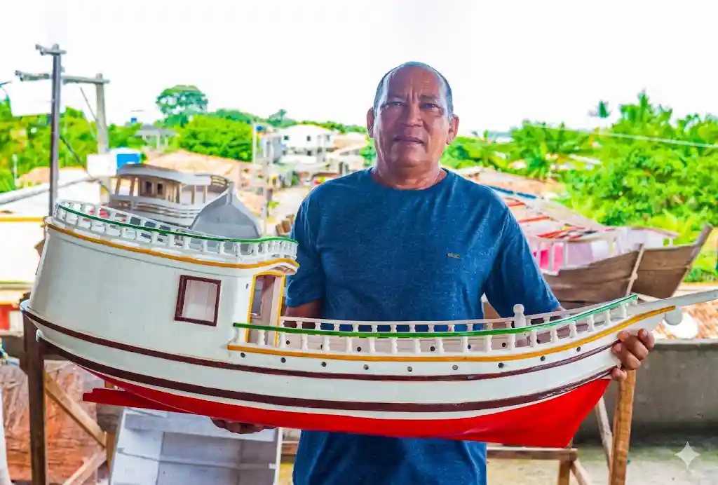 Manoel Miranda, morador de Abaetetuba e artesão de miriti há 50 anos, expõe suas peças na Casa do Artesão há 15 anos