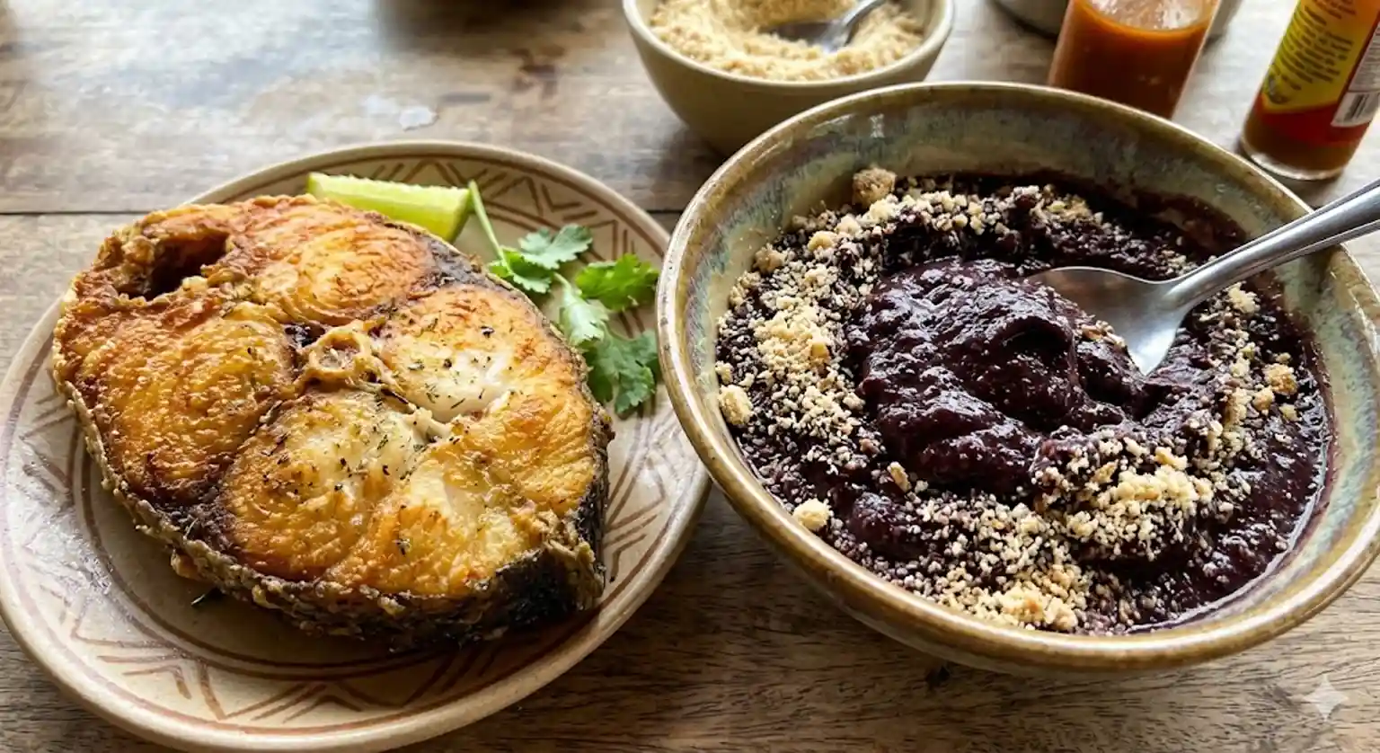 dourada ao lado de uma tigela de açaí roxo vibrante com farinha d'água