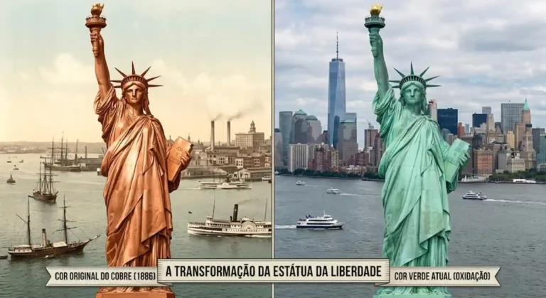 Foto mostra cor original do cobre e a cor verde atual da Estátua da Liberdade.
