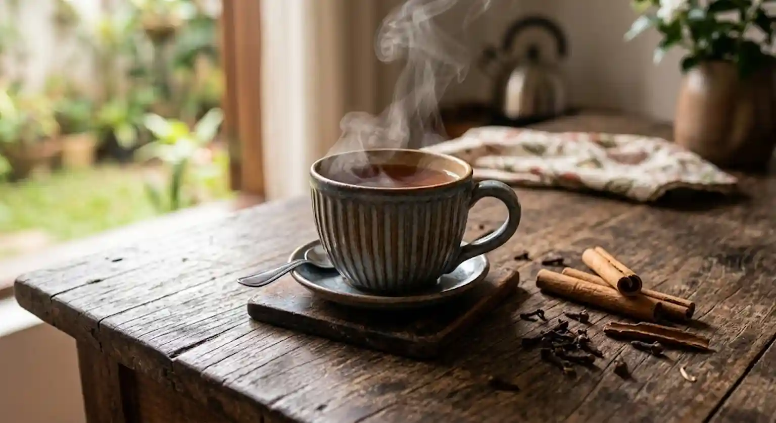 Xícara de chá fumegante ao lado de paus de canela e cravos da índia sobre mesa de madeira
