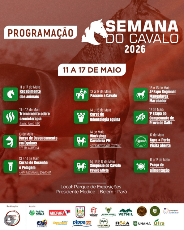Programação completa da Semana do Cavalo 2026 em Belém, de 11 a 17 de maio
