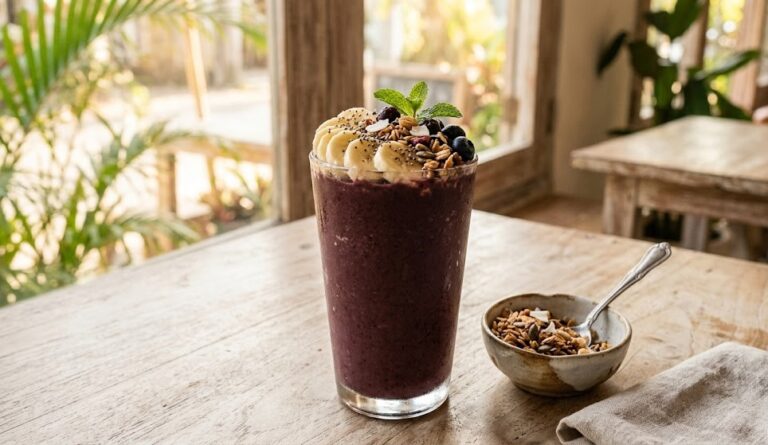 Vitamina de açaí com banana e granola: energia amazônica no copo