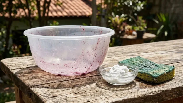 Bacia plástica manchada de açaí clareia com bicarbonato e sol