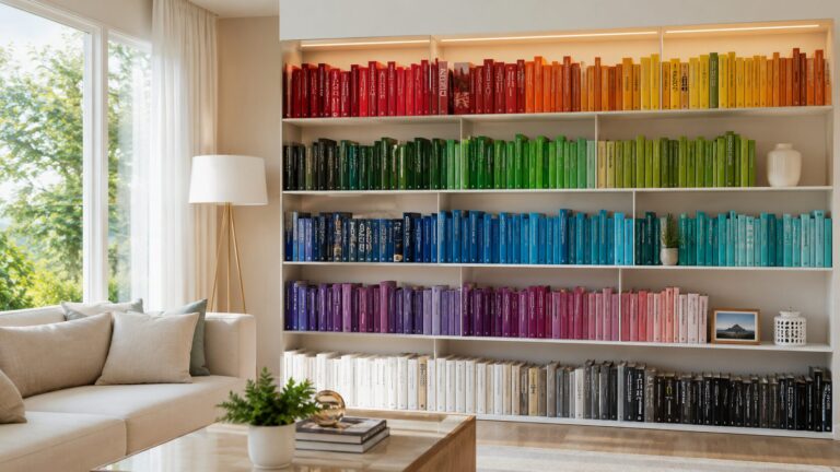 Estante de livros organizada: vale mais separar por cor ou por tema?