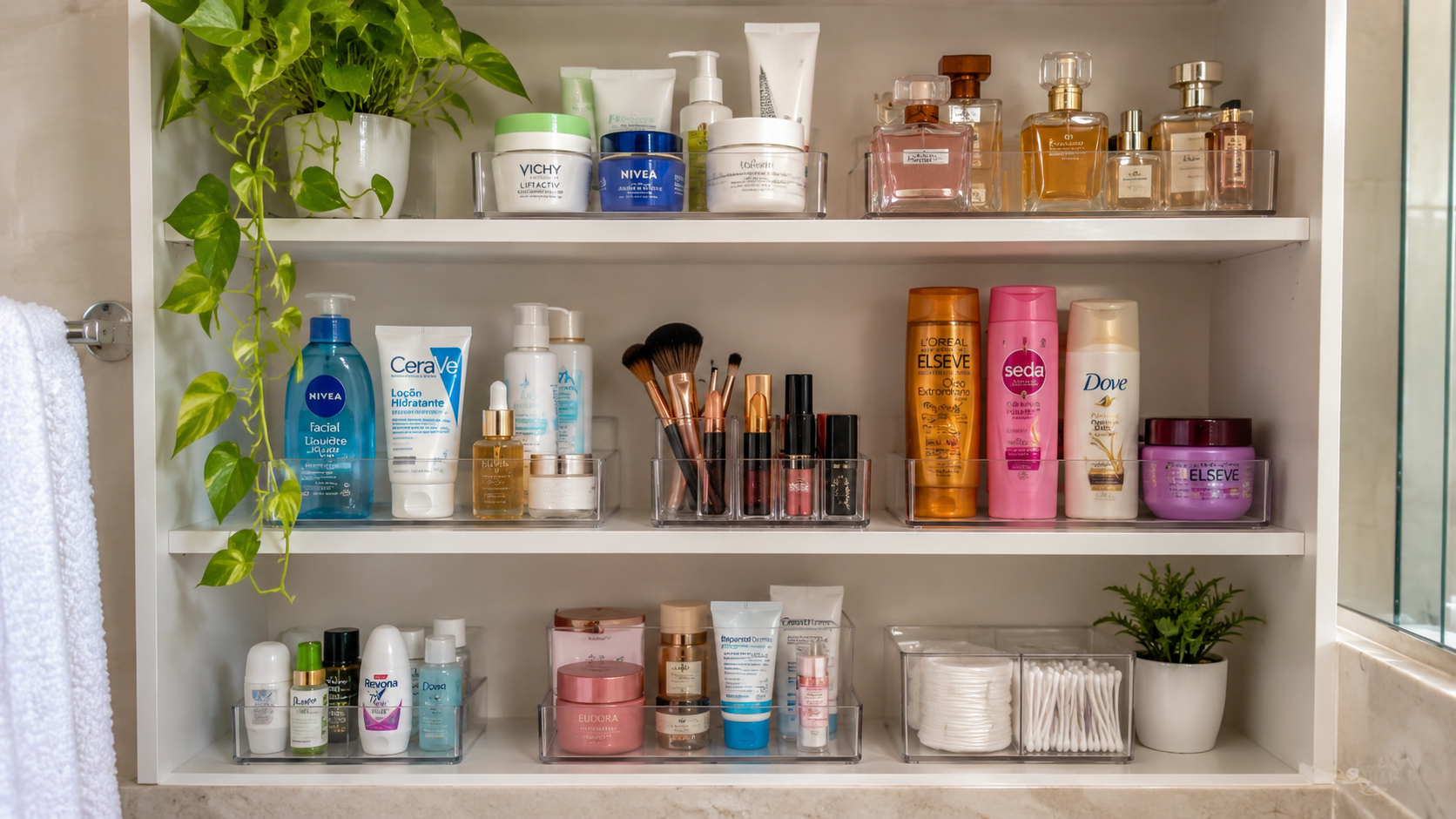 Prateleira de banheiro sempre bagunçada? O jeito mais fácil de organizar cosméticos Prateleira de banheiro sempre bagunçada? O jeito mais fácil de organizar cosméticos