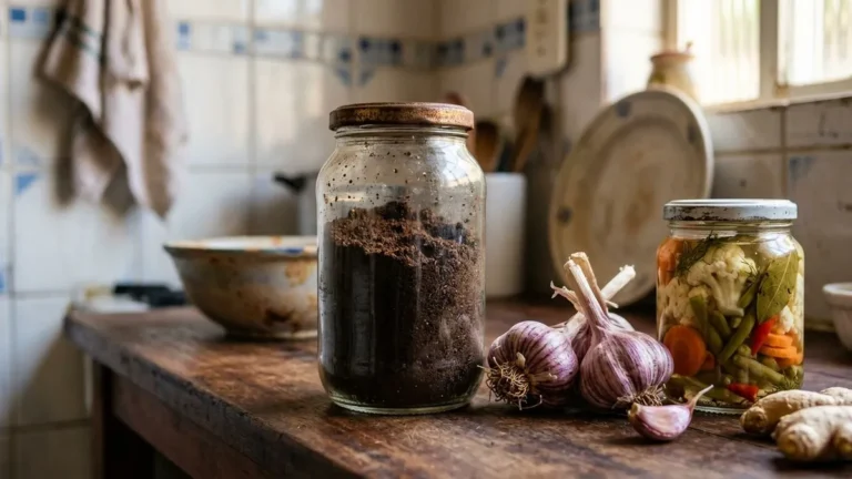 Vidro de conserva com cheiro de alho sai com café usado