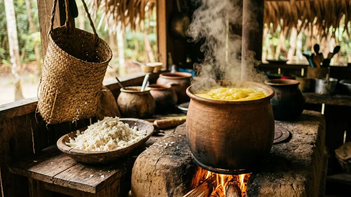 Tucupi da mandioca brava exige duas etapas e horas de fervura destampada para virar caldo seguro na cozinha paraense Tucupi da mandioca brava exige duas etapas e horas de fervura destampada para virar caldo seguro na cozinha paraense