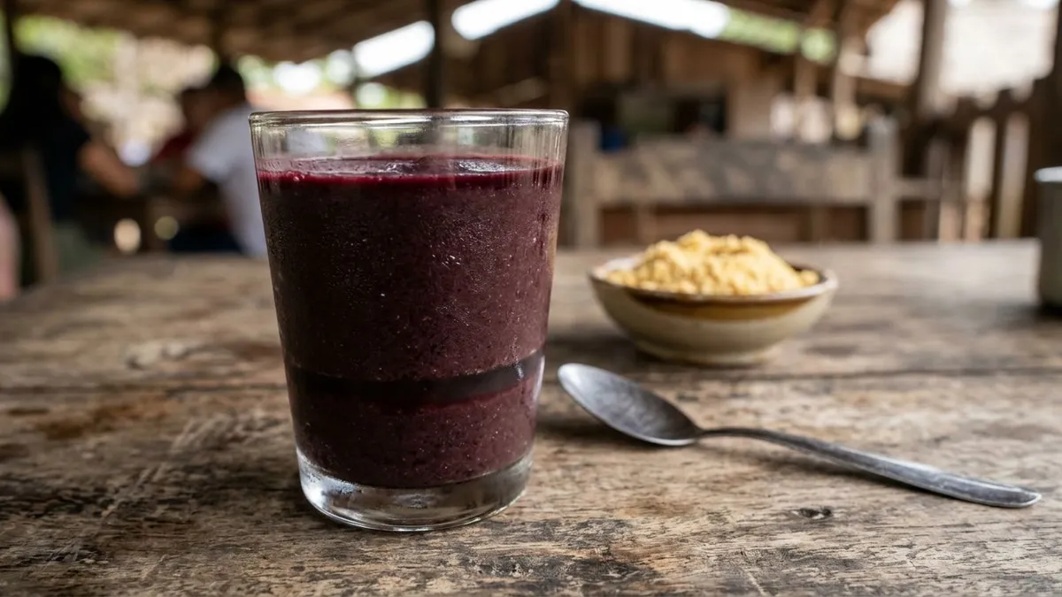 Açaí batido separa em menos de 30 minutos quando a polpa perde agitação e a mistura fica com gordura em cima Açaí batido separa em menos de 30 minutos quando a polpa perde agitação e a mistura fica com gordura em cima