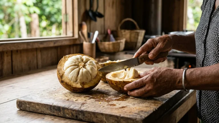 Bacuri gruda na faca e nas mãos e o óleo de cozinha libera a polpa em duas etapas sem desperdício