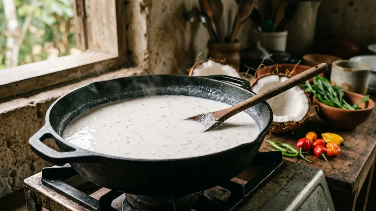 Leite de coco caseiro talha no fogo alto e o fogo baixo mantém o molho liso por mais tempo Leite de coco caseiro talha no fogo alto e o fogo baixo mantém o molho liso por mais tempo