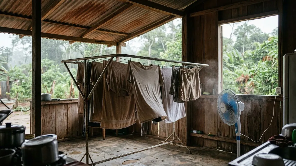 Roupa no varal coberto leva horas para secar no Pará e o ventilador vence o ar parado sem gastar espaço Roupa no varal coberto leva horas para secar no Pará e o ventilador vence o ar parado sem gastar espaço