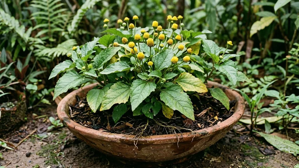 Jambu no vaso amarela em poucas semanas quando a raiz rasa esgota o substrato e a colheita certa faz rebrotar Jambu no vaso amarela em poucas semanas quando a raiz rasa esgota o substrato e a colheita certa faz rebrotar