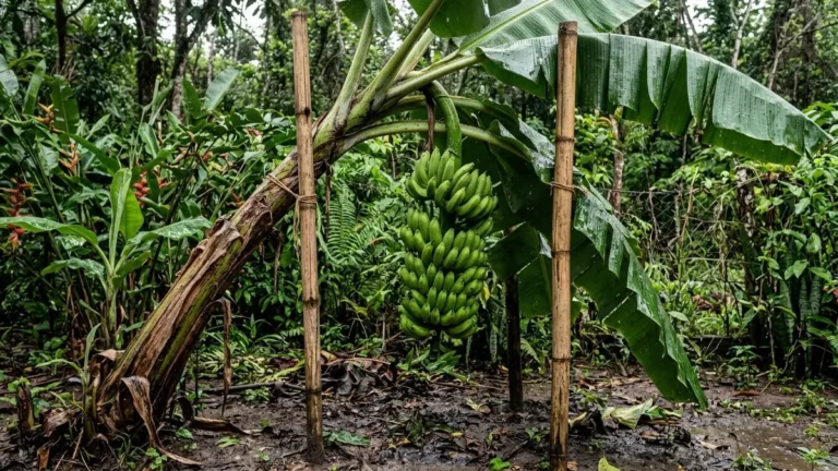 Bananeira tomba com o vento no quintal amazônico porque o pseudocaule é folha enrolada e o cacho pesa na copa