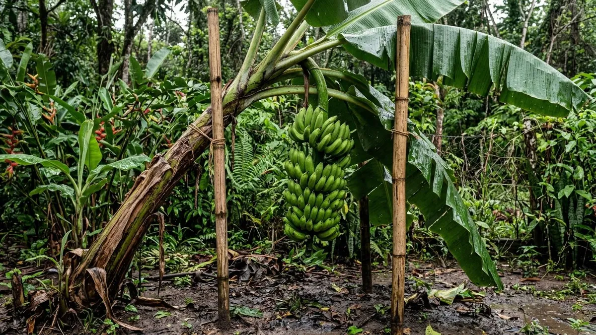 Bananeira tomba com o vento no quintal amazônico porque o pseudocaule é folha enrolada e o cacho pesa na copa Bananeira tomba com o vento no quintal amazônico porque o pseudocaule é folha enrolada e o cacho pesa na copa