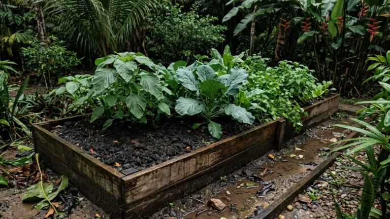 Horta amazônica fica encharcada na chuva, a falta de oxigênio apodrece raízes e o canteiro alto recupera o cultivo