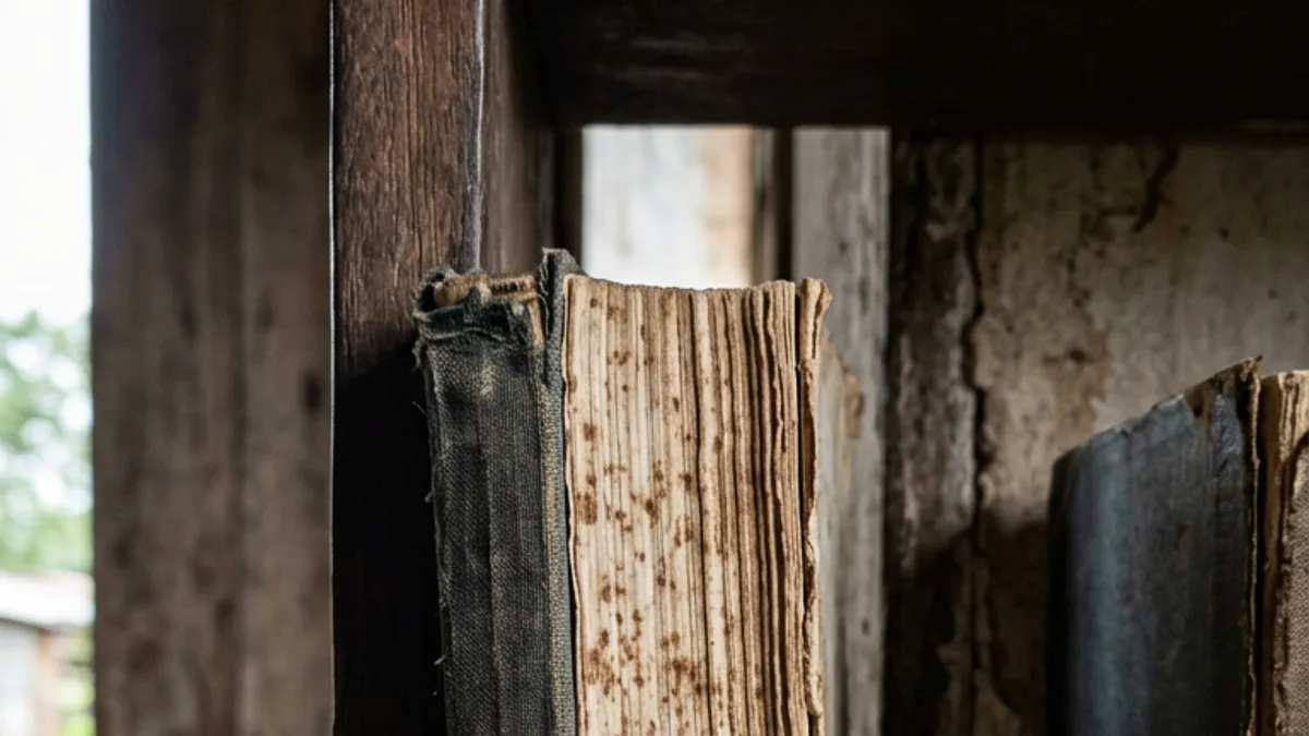 Livro guardado a menos de 5 cm da parede úmida do Pará ganha manchas marrons enquanto papel oxida e fungo avança Livro guardado a menos de 5 cm da parede úmida do Pará ganha manchas marrons enquanto papel oxida e fungo avança