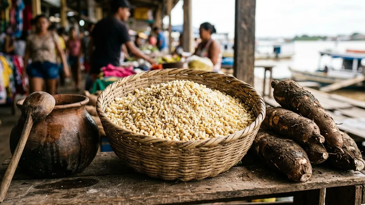 Farinha d’água passa três dias submersa e ganha acidez antes da torra que transforma mandioca em grãos soltos Farinha d’água passa três dias submersa e ganha acidez antes da torra que transforma mandioca em grãos soltos
