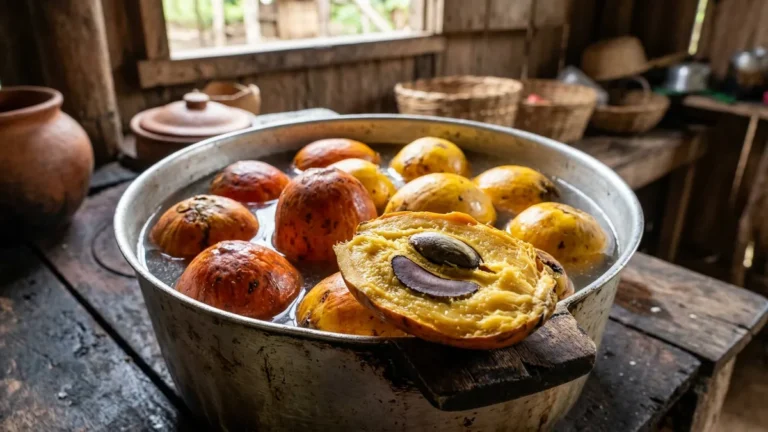 Pupunha crua fica dura e pouco palatável, mas quase uma hora na água com sal amolece o fruto para o café