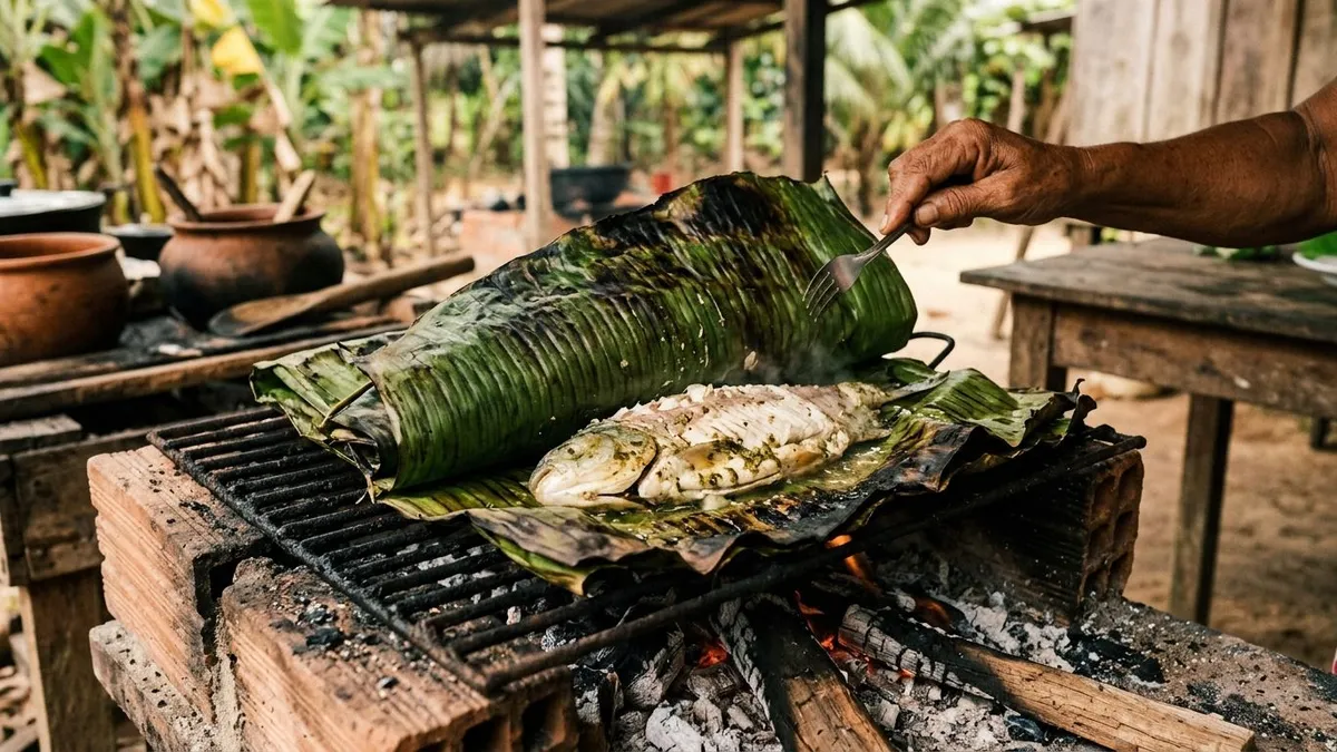 Peixe assado na folha de bananeira mantém mais umidade no calor do Pará e ganha aroma quando a folha é aquecida Peixe assado na folha de bananeira mantém mais umidade no calor do Pará e ganha aroma quando a folha é aquecida