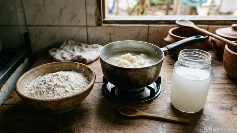 Goma de mandioca empelota na água quente porque gelatiniza primeiro e a mistura fria chega ao fogo lisa e translúcida
