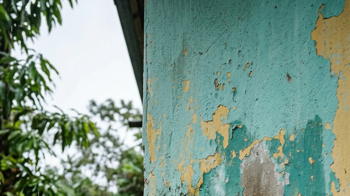 Parede recém-pintada descasca na chuva quando o reboco guarda umidade e a espera de 28 dias evita o retrabalho Parede recém-pintada descasca na chuva quando o reboco guarda umidade e a espera de 28 dias evita o retrabalho