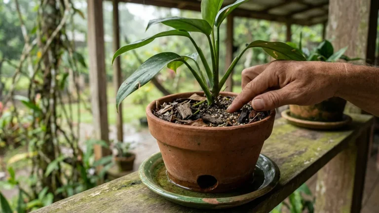 Planta em vaso fica afogada no clima chuvoso da Amazônia quando a água ocupa o lugar do ar nas raízes