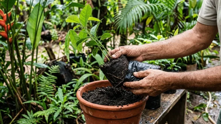 Muda comprada em saquinho pede vaso 2 a 5 centímetros maior antes da raiz circular e travar o crescimento