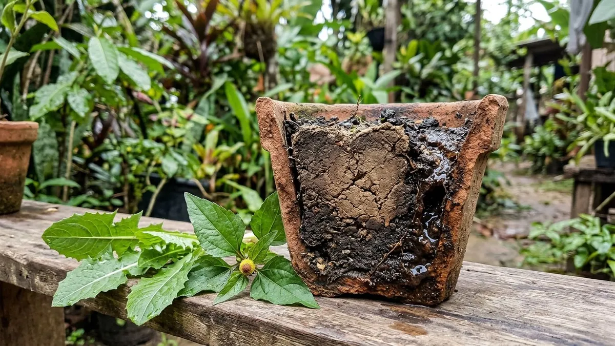 Terra de jardim compactada no vaso cria um bloco duro e faz a água escapar pela borda sem molhar raízes Terra de jardim compactada no vaso cria um bloco duro e faz a água escapar pela borda sem molhar raízes