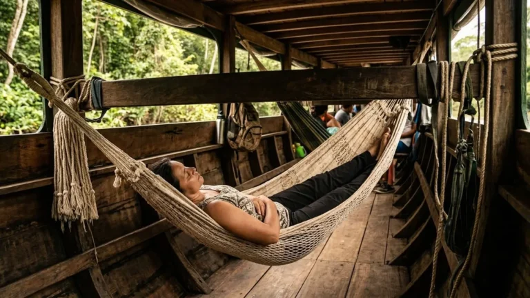 Rede de dormir na Amazônia fica diagonal entre dois pontos e mantém o corpo quase reto com trama aberta e punhos ajustados