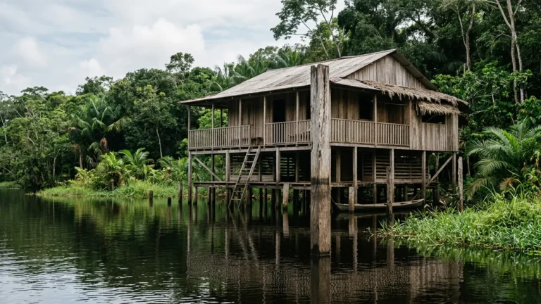 Casa ribeirinha sobre palafita usa uma marca da maior cheia para manter o assoalho acima da água