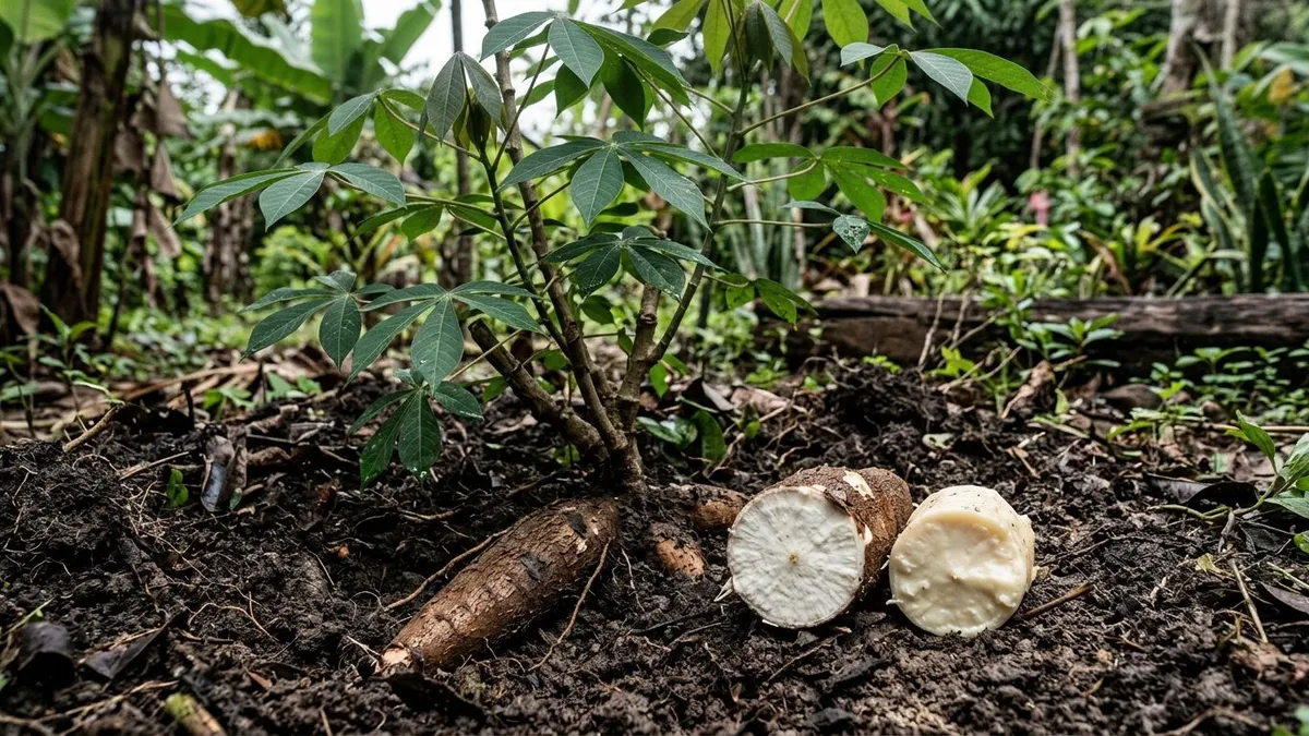 Mandioca de quintal passa do ponto em uma colheita tardia, acumula fibra e continua firme depois do cozimento Mandioca de quintal passa do ponto em uma colheita tardia, acumula fibra e continua firme depois do cozimento