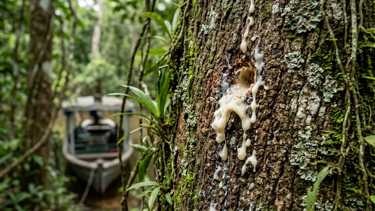 Breu branco nasce de um corte na árvore, endurece ao ar e vira incenso e vedante para embarcação amazônica Breu branco nasce de um corte na árvore, endurece ao ar e vira incenso e vedante para embarcação amazônica