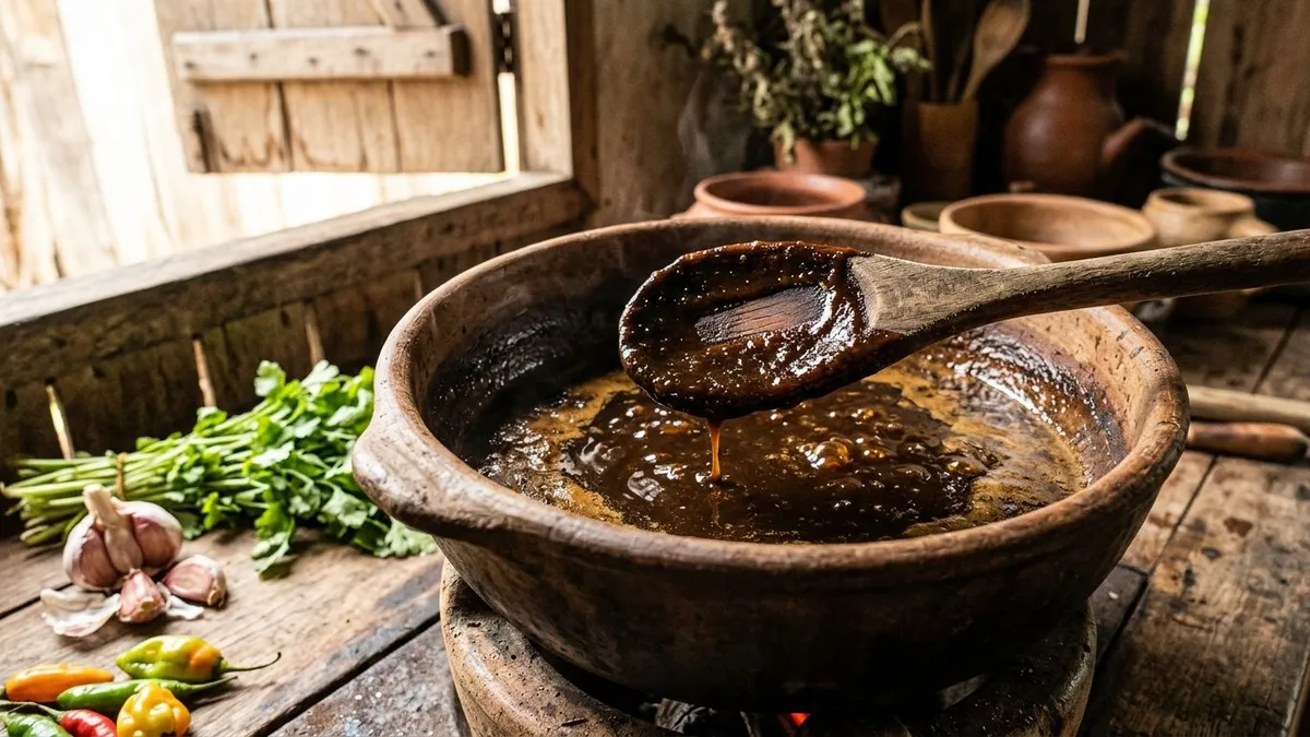Tucupi preto leva horas de redução e 1 colher revela o ponto quase melado sem depender do relógio Tucupi preto leva horas de redução e 1 colher revela o ponto quase melado sem depender do relógio
