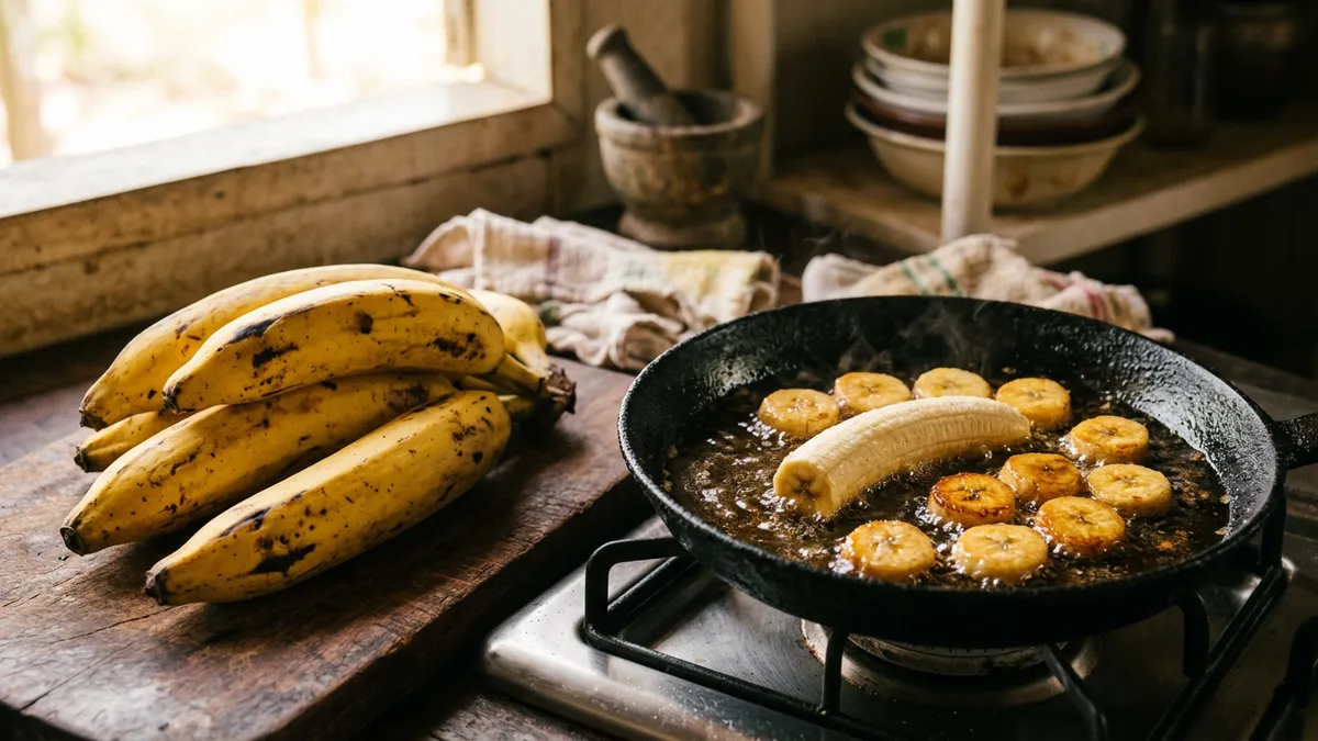 Banana pacova frita fica encharcada quando está verde demais e a casca manchada indica o ponto para dourar fatias de 1 centímetro Banana pacova frita fica encharcada quando está verde demais e a casca manchada indica o ponto para dourar fatias de 1 centímetro