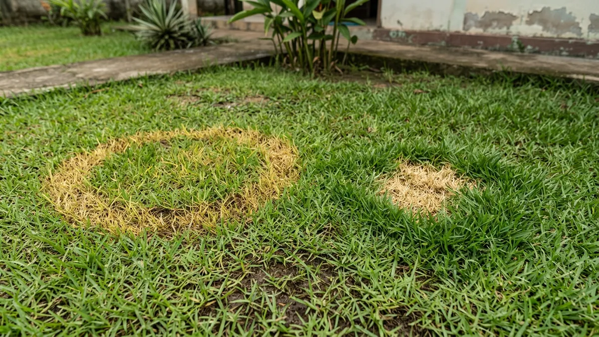 Grama amarela em círculos revela fungo, enquanto urina de animal cria manchas irregulares e bordas verdes no quintal úmido Grama amarela em círculos revela fungo, enquanto urina de animal cria manchas irregulares e bordas verdes no quintal úmido