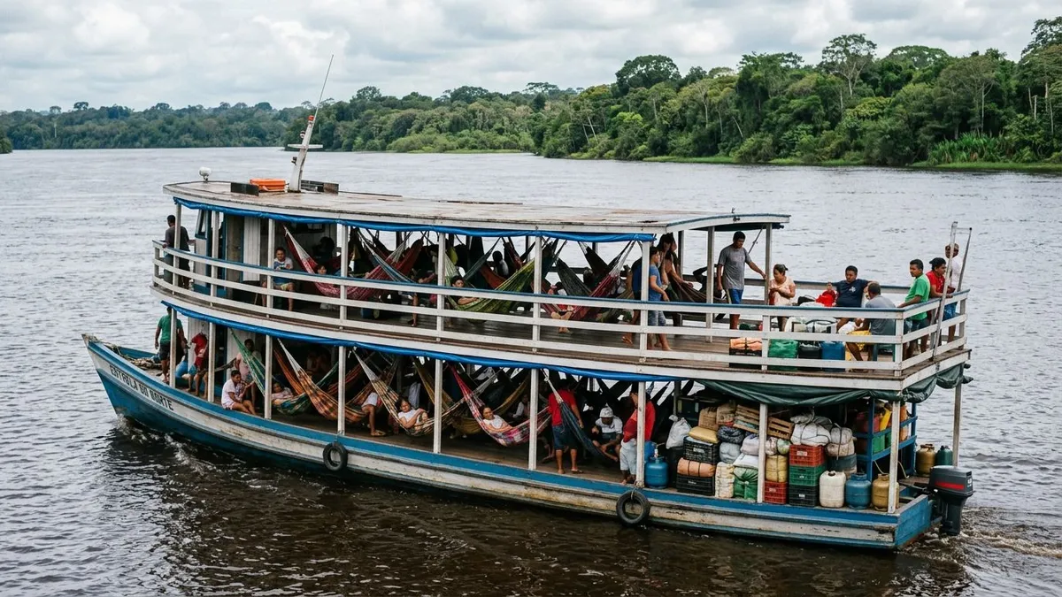 Barco regional amazônico usa convés baixo e dois andares de ganchos para redes, liberando passagem em viagens de dias Barco regional amazônico usa convés baixo e dois andares de ganchos para redes, liberando passagem em viagens de dias