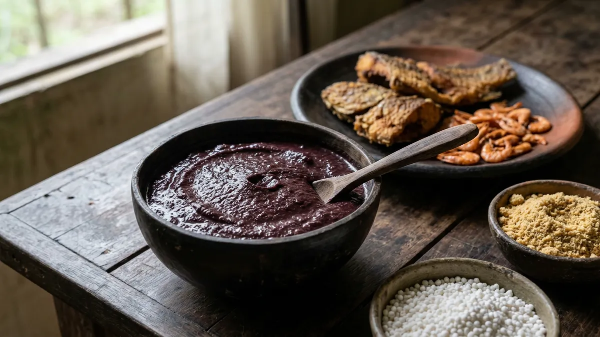 Cuia de açaí molha a farinha por baixo e muda a ordem de comer a mistura com peixe frito no Pará Cuia de açaí molha a farinha por baixo e muda a ordem de comer a mistura com peixe frito no Pará