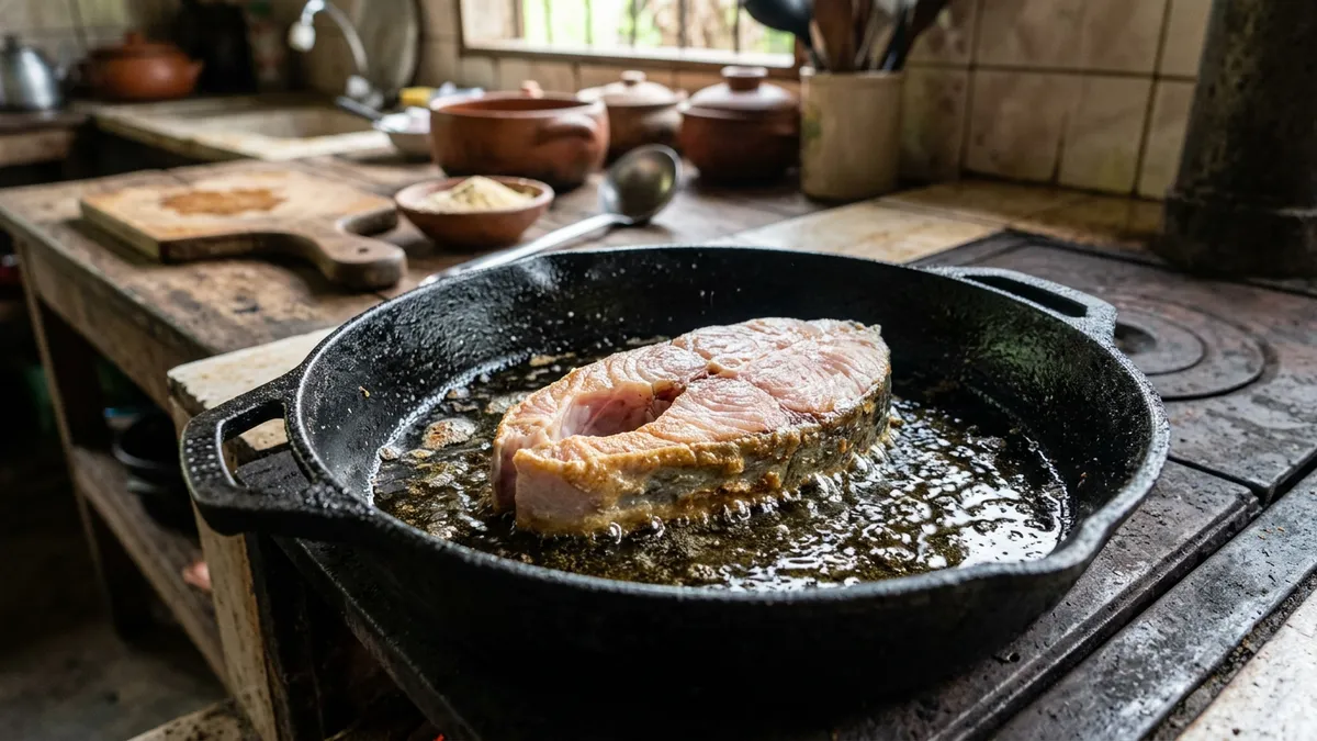 Peixe frito recebe posta gelada, derruba a temperatura do óleo e fica encharcado antes da crosta firmar Peixe frito recebe posta gelada, derruba a temperatura do óleo e fica encharcado antes da crosta firmar