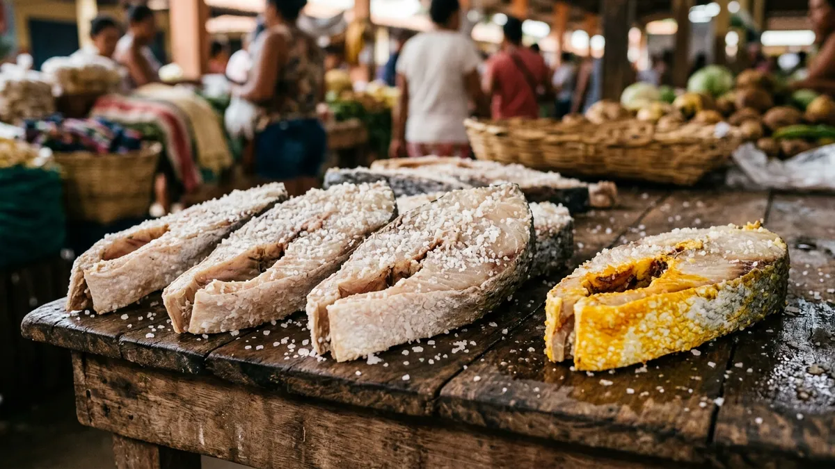 Peixe salgado curado ao sol mantém carne firme e clara, enquanto mancha amarelada denuncia gordura oxidada Peixe salgado curado ao sol mantém carne firme e clara, enquanto mancha amarelada denuncia gordura oxidada