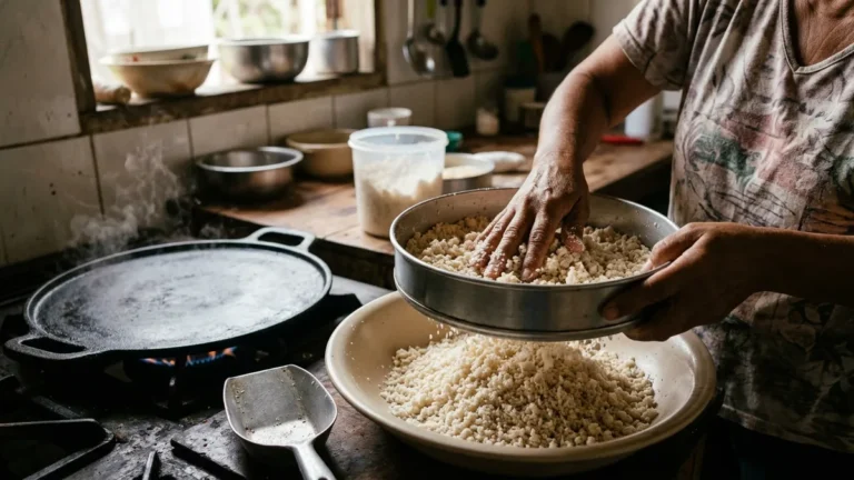 Goma de tapioca seca não fecha na chapa, mas 15 minutos de hidratação fazem a massa dobrar sem grudar
