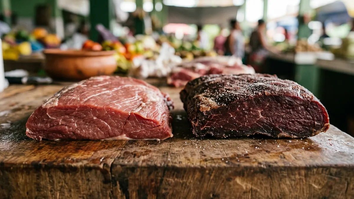 Carne de sol e charque parecem iguais no balcão, mas a salga muda o dessalgue e deixa o preparo bem diferente Carne de sol e charque parecem iguais no balcão, mas a salga muda o dessalgue e deixa o preparo bem diferente