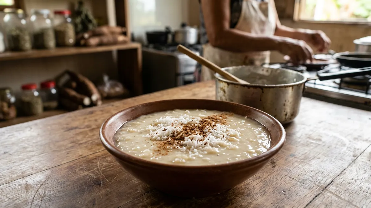 Mingau de tapioca engrossa por 10 minutos após o fogo e retirar mais líquido evita uma tigela pesada Mingau de tapioca engrossa por 10 minutos após o fogo e retirar mais líquido evita uma tigela pesada